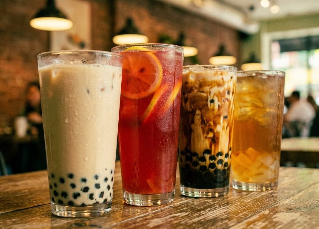 Best bubble tea chains for calories shown with different bubble tea drinks in a modern cafe