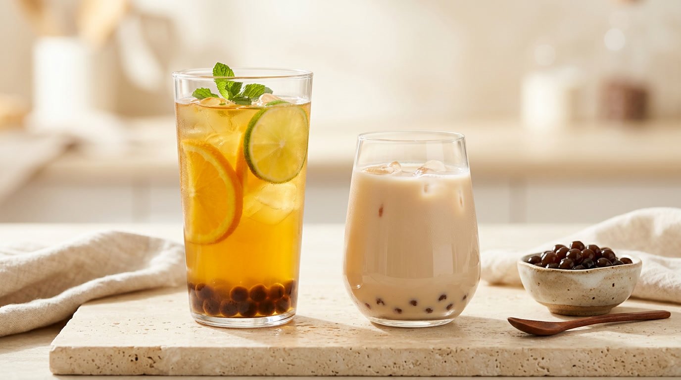 Two lighter bubble tea choices for weight loss, including a citrus fruit tea and a small milk tea with fewer toppings on a neutral stone surface