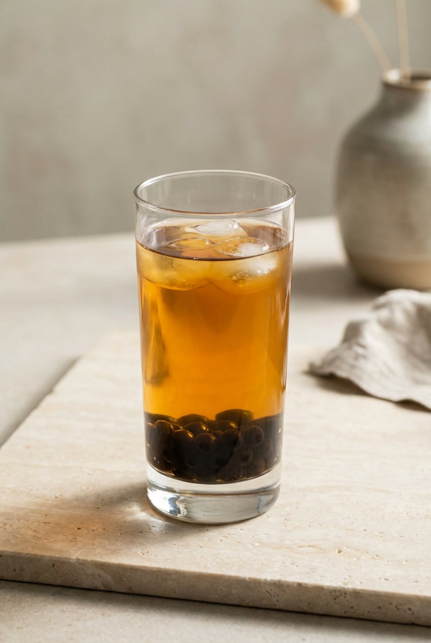 A tea-based bubble tea with lower sugar and a modest amount of black tapioca pearls in a clear glass