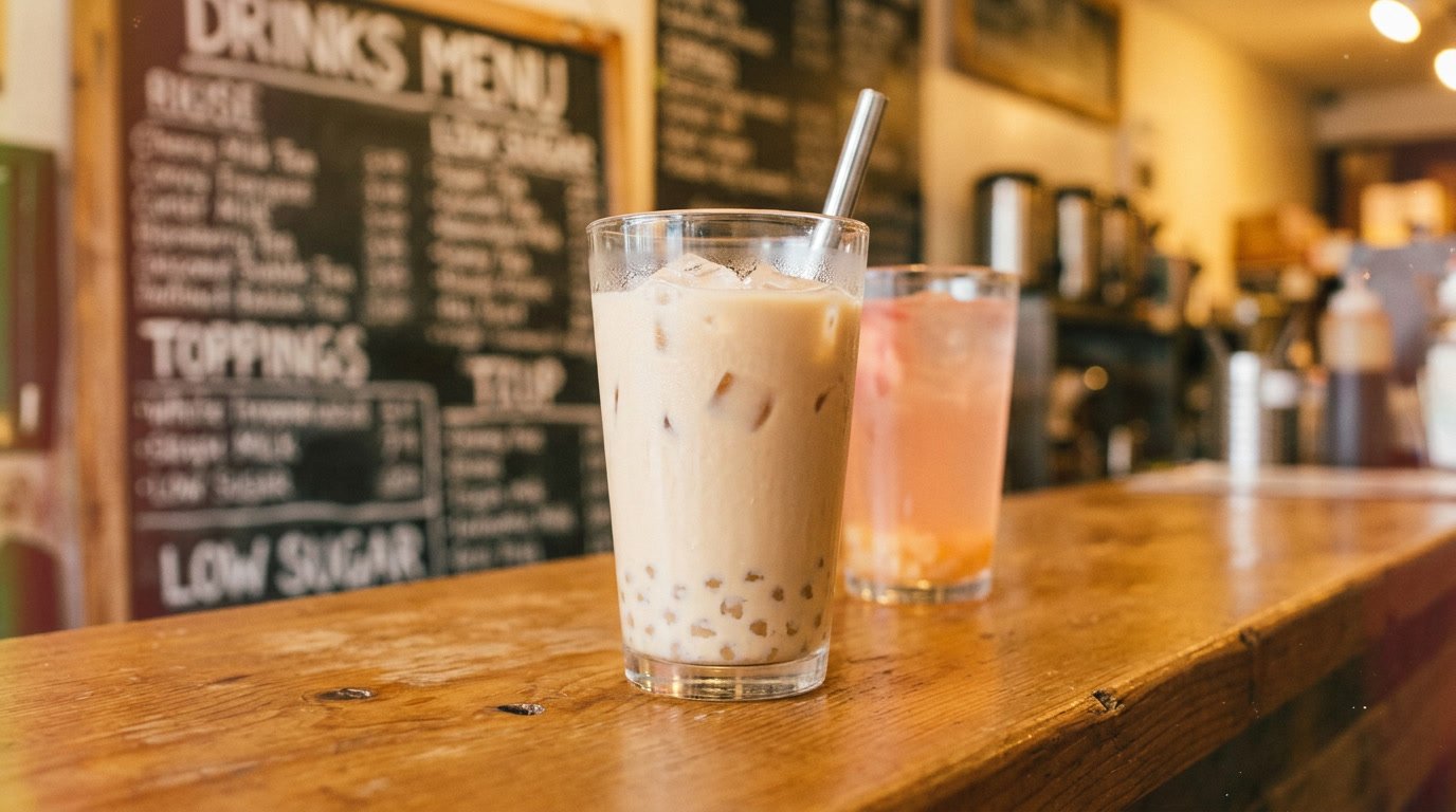 Low sugar bubble tea orders at popular chains with a light milk tea in front and a fruit tea behind on a warm bubble tea shop counter