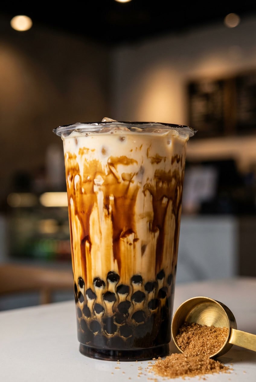 Brown sugar bubble tea with tapioca pearls and syrup streaks in a modern tea shop
