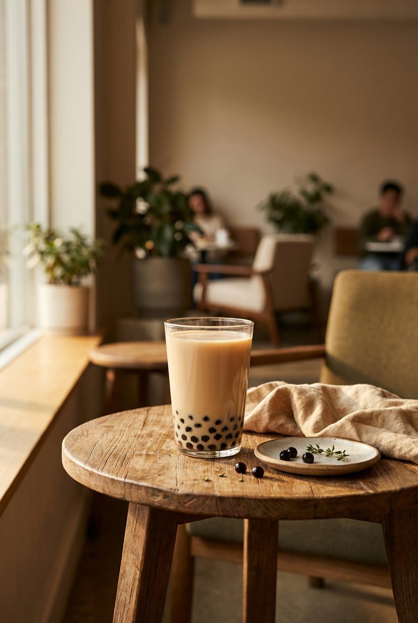 Glass of bubble tea on a rustic wooden table in natural light showing a 25 percent sugar order