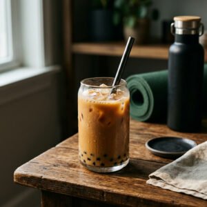 Milk tea bubble tea on a rustic table with a yoga mat and water bottle in the background