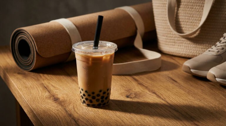 Bubble tea before a workout with yoga mat, tote bag, and sneakers on a wood table