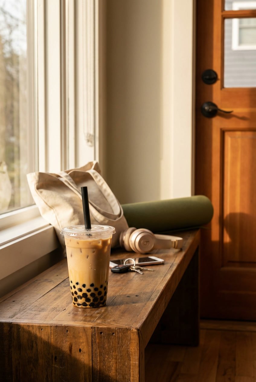 Bubble tea before a workout on a wood bench with tote bag, yoga mat, phone, and keys