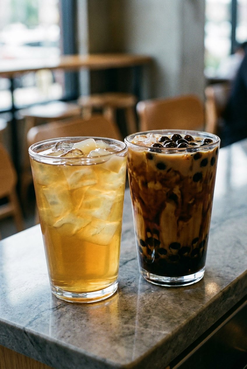 Light iced tea and rich brown sugar bubble tea showing how drink build affects calories