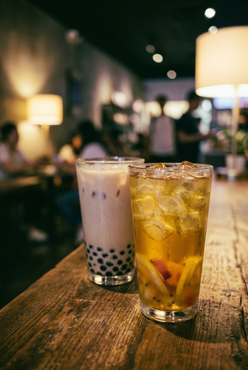 Milk tea and iced fruit tea in a bubble tea shop showing how ice level changes your order