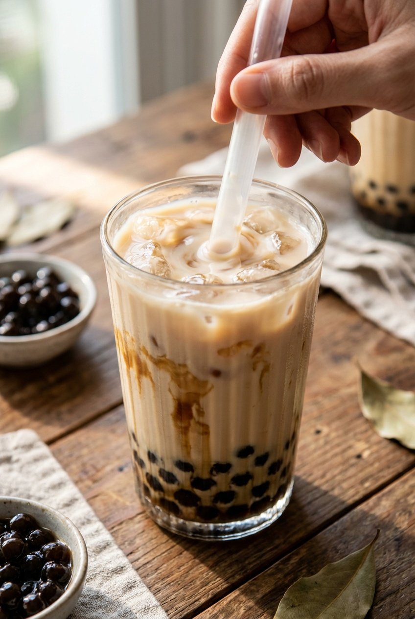 Close-up of milk tea being stirred with a wide boba straw showing tapioca pearls at the bottom