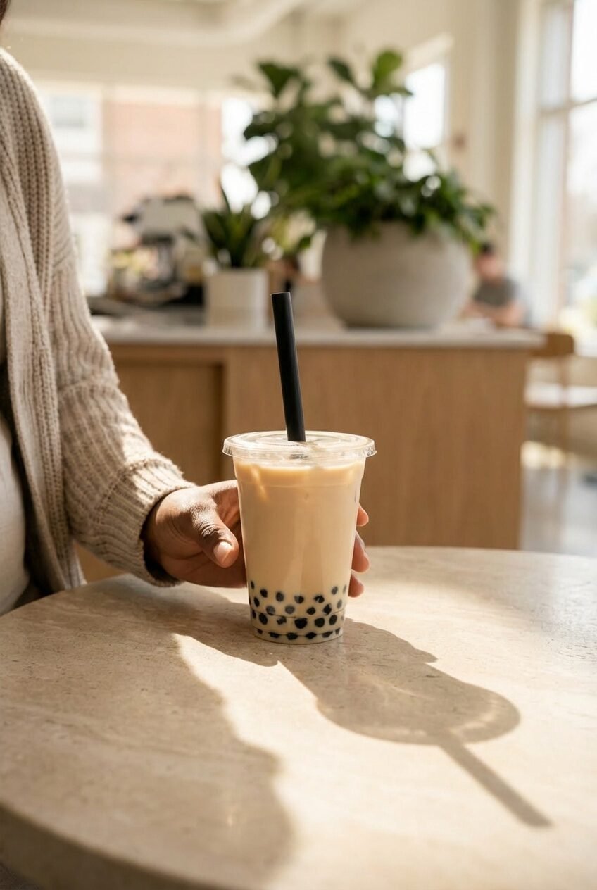 bubble tea on a cafe table beside a pregnant woman’s hand