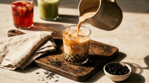 Bubble tea recipes at home with milk tea being poured over boba pearls, with fruit tea and matcha in the background
