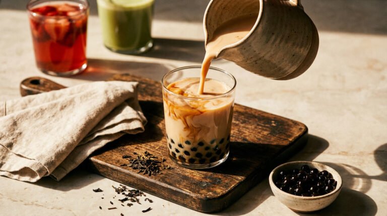 Bubble tea recipes at home with milk tea being poured over boba pearls, with fruit tea and matcha in the background
