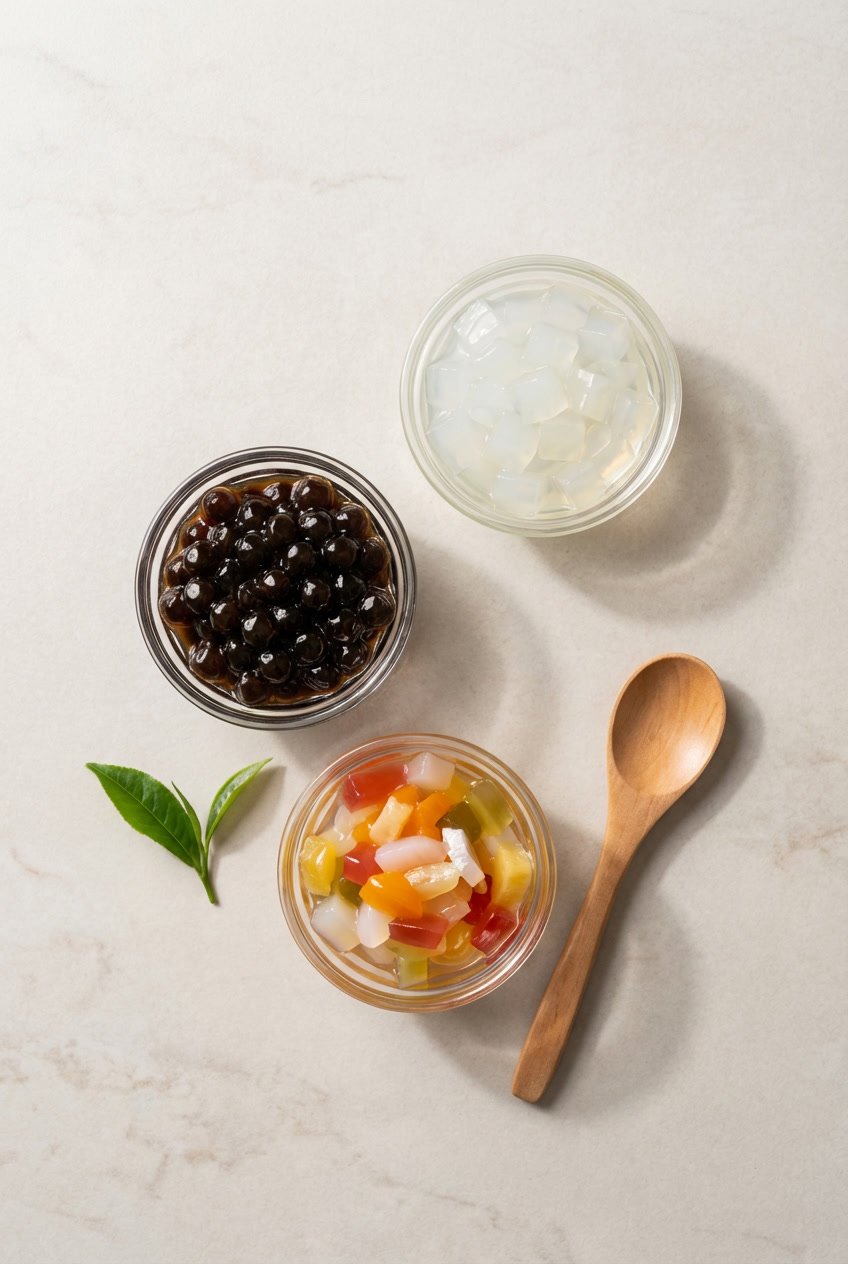 Bubble tea toppings including tapioca pearls, aloe, and jelly for calorie comparison