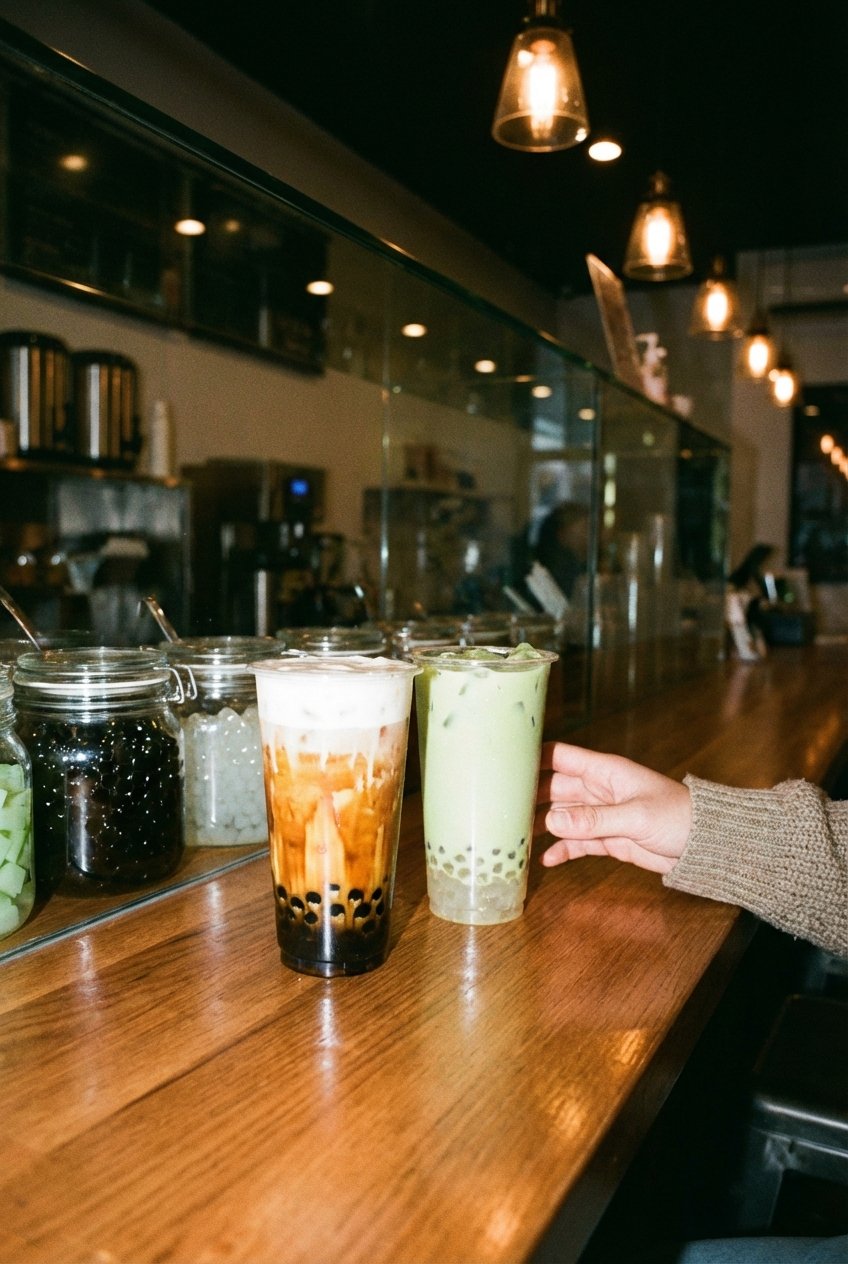 bubble tea toppings and drink choices at a bubble tea shop counter