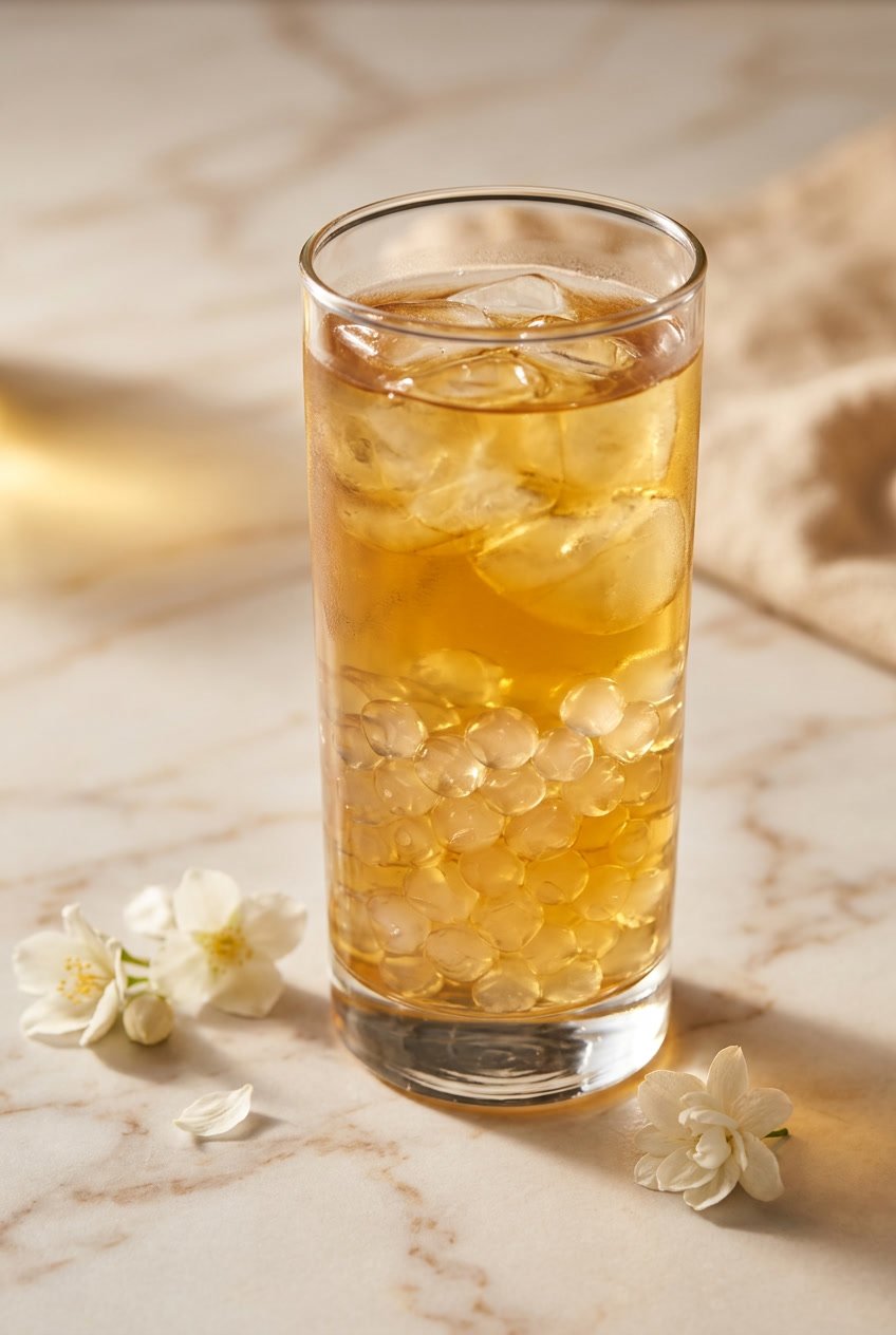Light jasmine bubble tea with crystal boba in a tall glass on marble