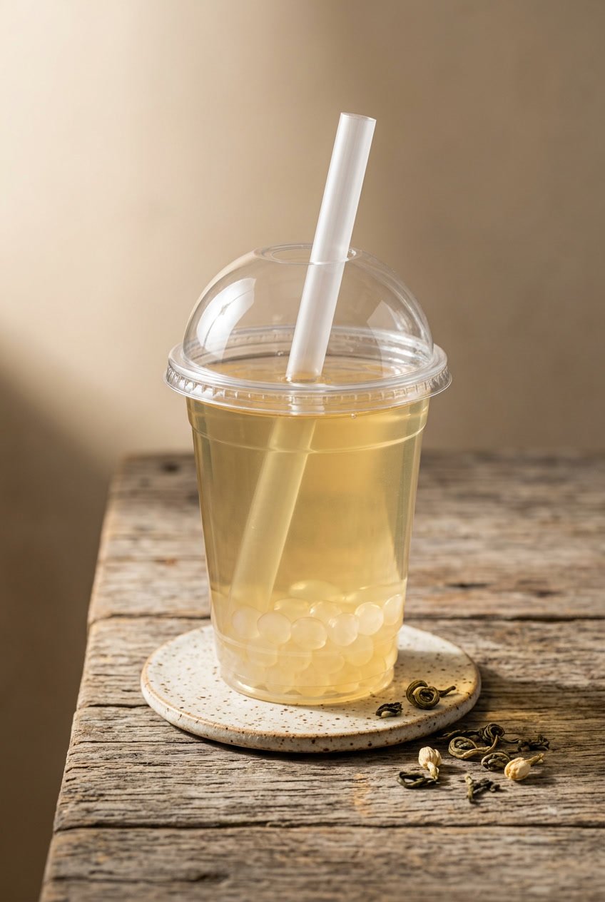 jasmine green tea bubble tea with crystal boba on rustic table