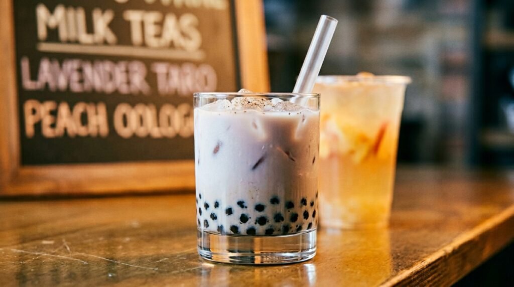 Light bubble tea and fruit tea on a shop counter for a bubble tea under 200 calories post
