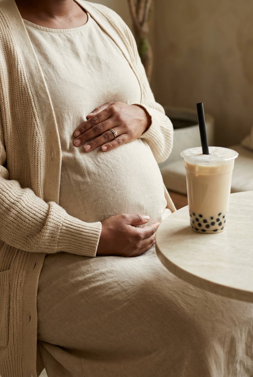 pregnant woman holding her baby bump beside a bubble tea drink