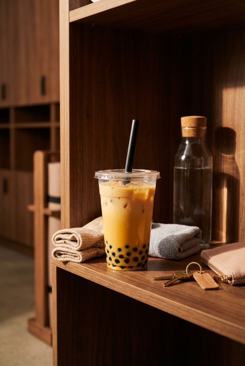 Bubble tea before a workout in a studio cubby with towel, water bottle, keys, and pouch