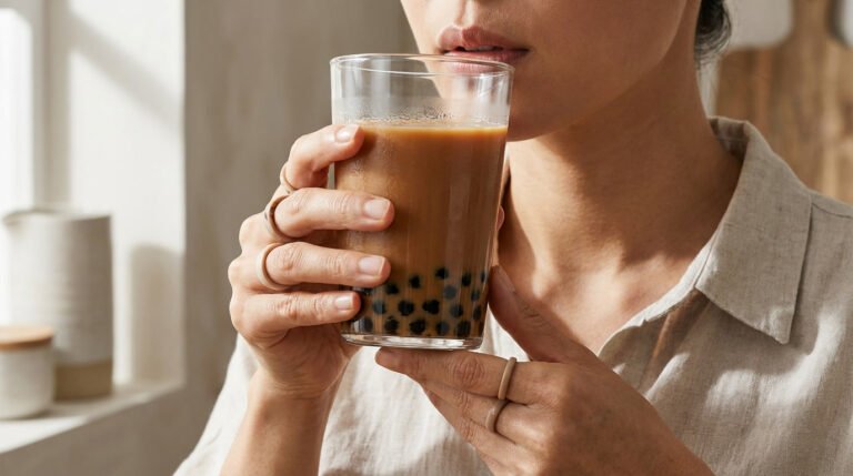 Woman drinking milk tea with boba pearls while managing calorie intake for weight loss