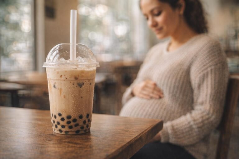 Iced bubble tea in the foreground with a pregnant woman sitting behind it in a cafe