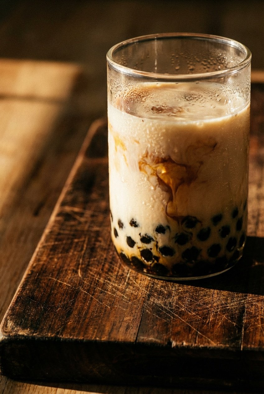 Classic milk tea with boba pearls in a glass on a dark wooden board