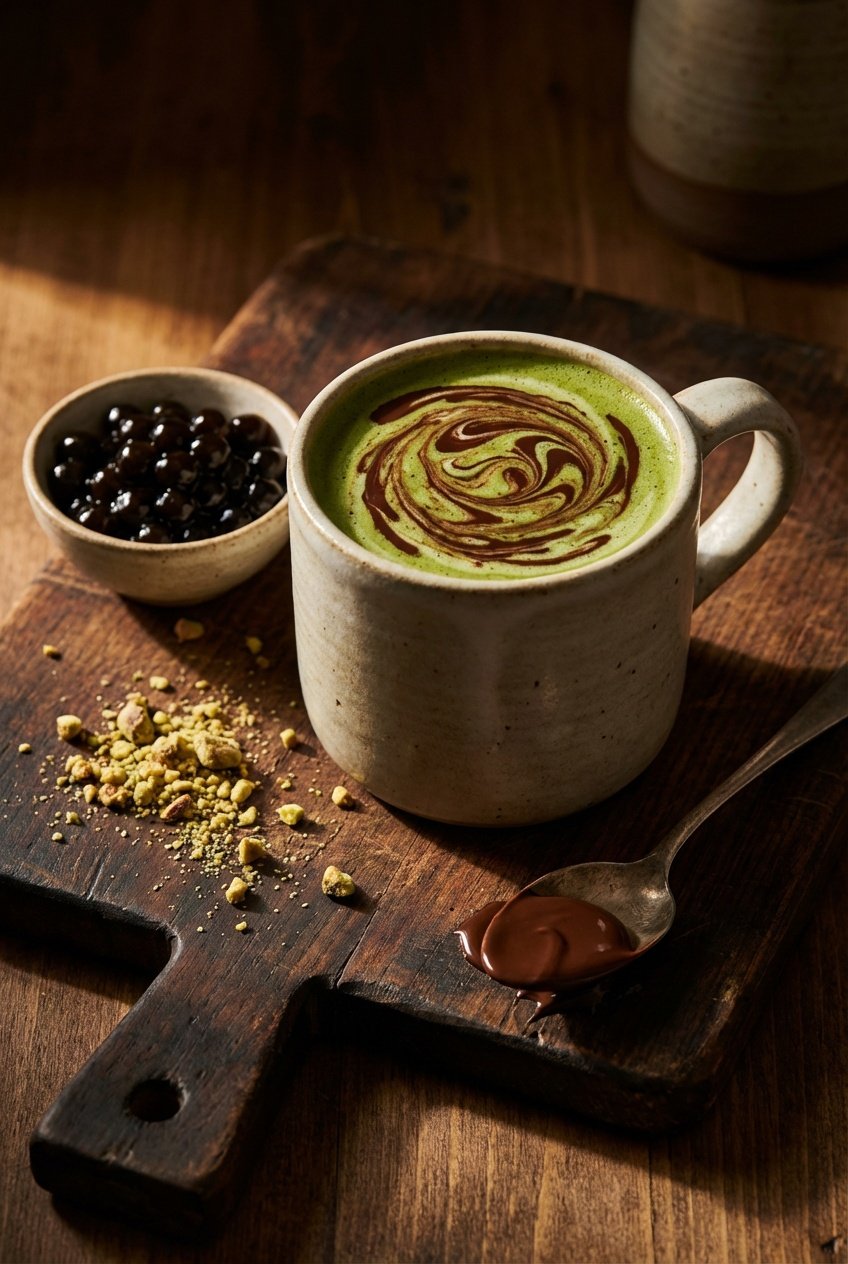 Dubai chocolate matcha boba latte in a ceramic mug with chocolate swirl, pistachio crumble, and a side bowl of boba pearls