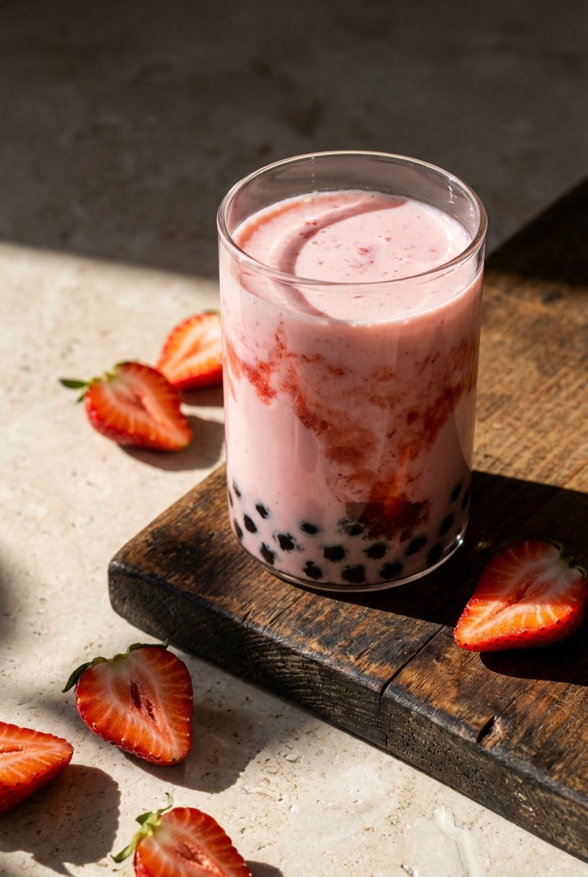Strawberry bubble tea recipe on a stone slab with fresh strawberries and boba pearls