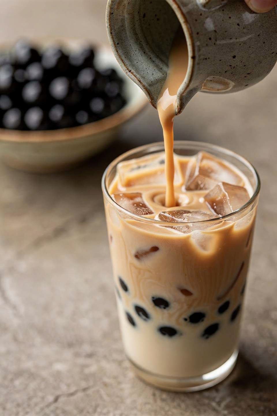 pouring high protein bubble tea into an iced glass