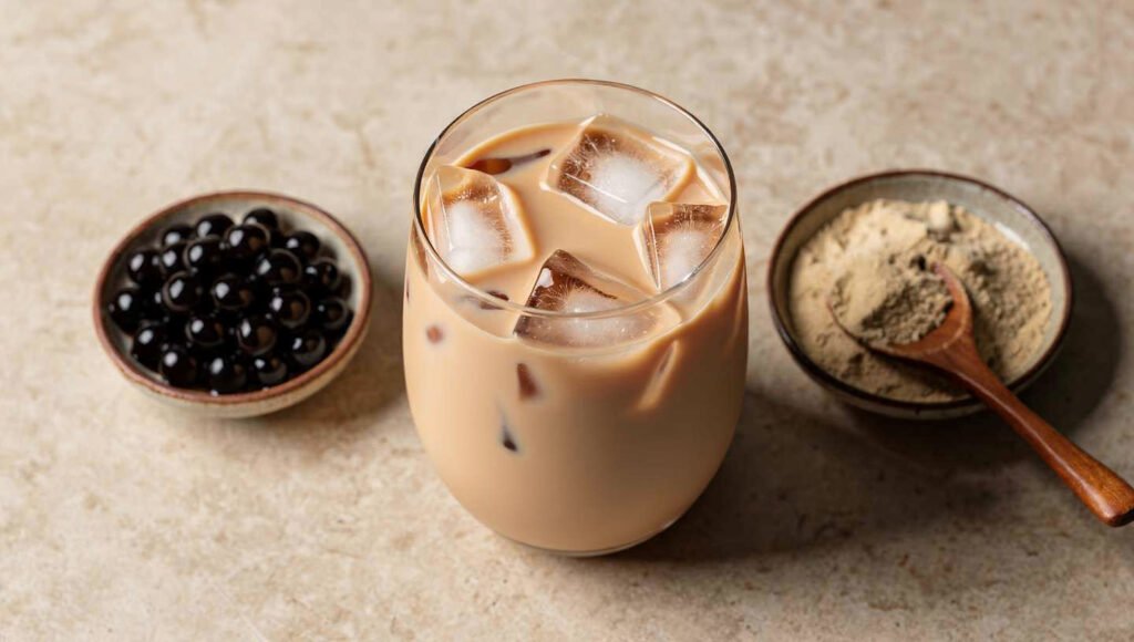 high protein bubble tea with ice, tapioca pearls on the side, and protein powder