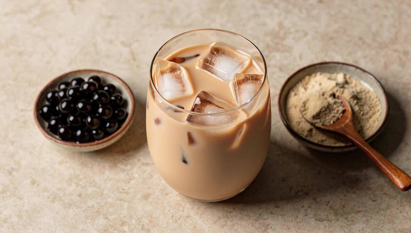 high protein bubble tea with ice, tapioca pearls on the side, and protein powder