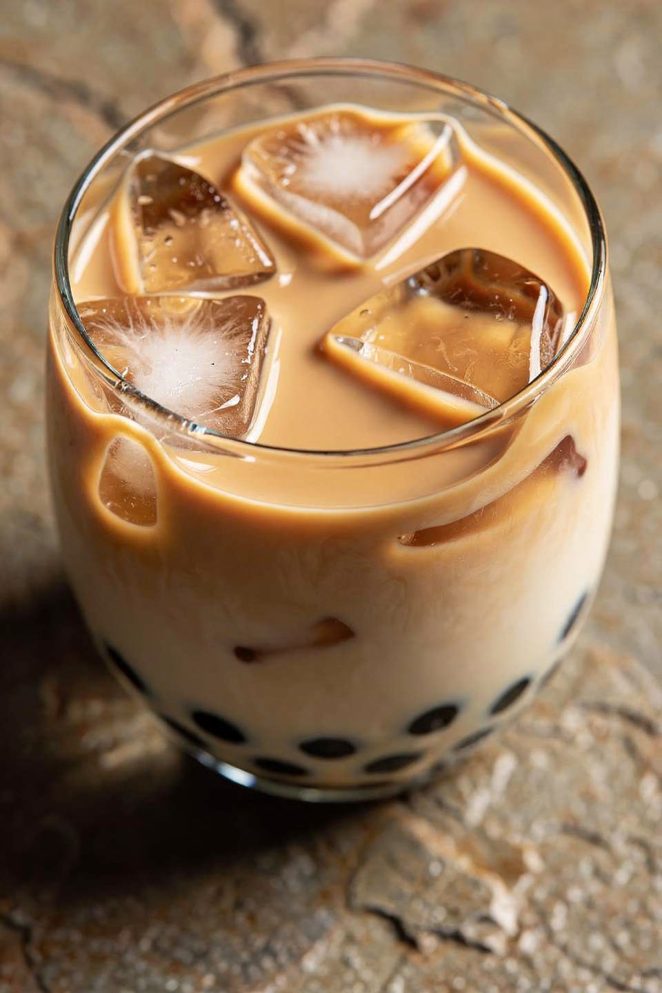 close-up of creamy high protein bubble tea with ice