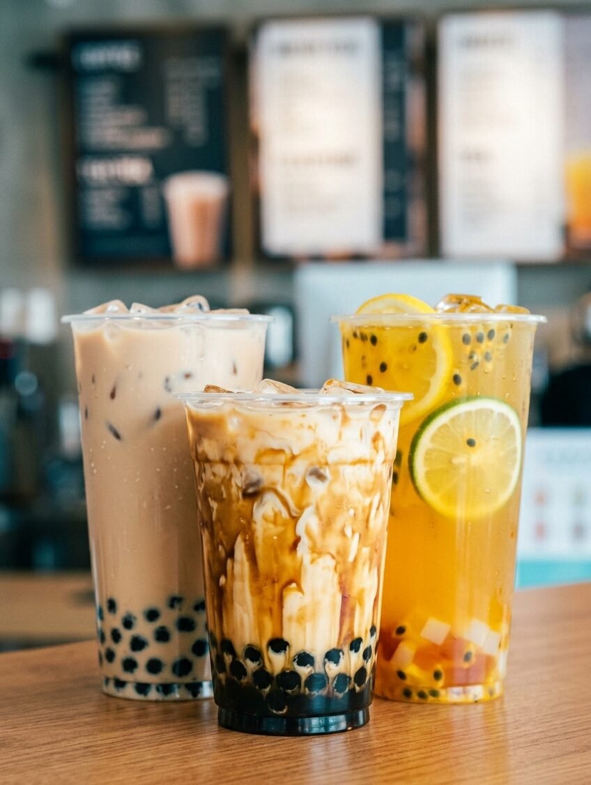 Three bubble tea drinks for beginners including milk tea, brown sugar boba, and passion fruit tea