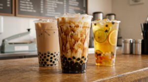 Three bubble tea drinks on a shop counter showing different ordering options for beginners