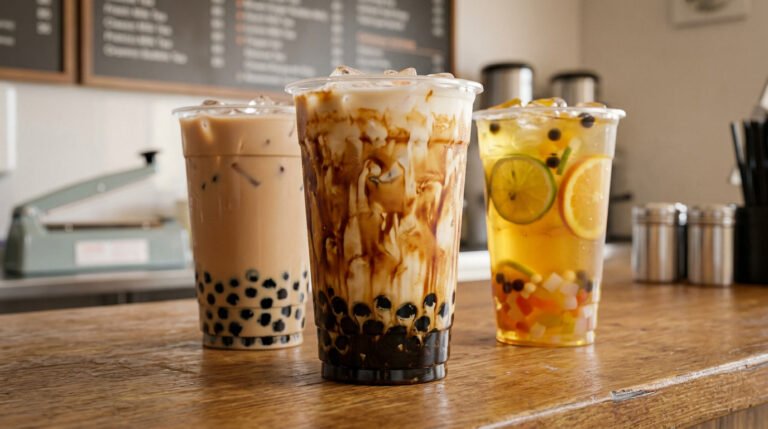 Three bubble tea drinks on a shop counter showing different ordering options for beginners