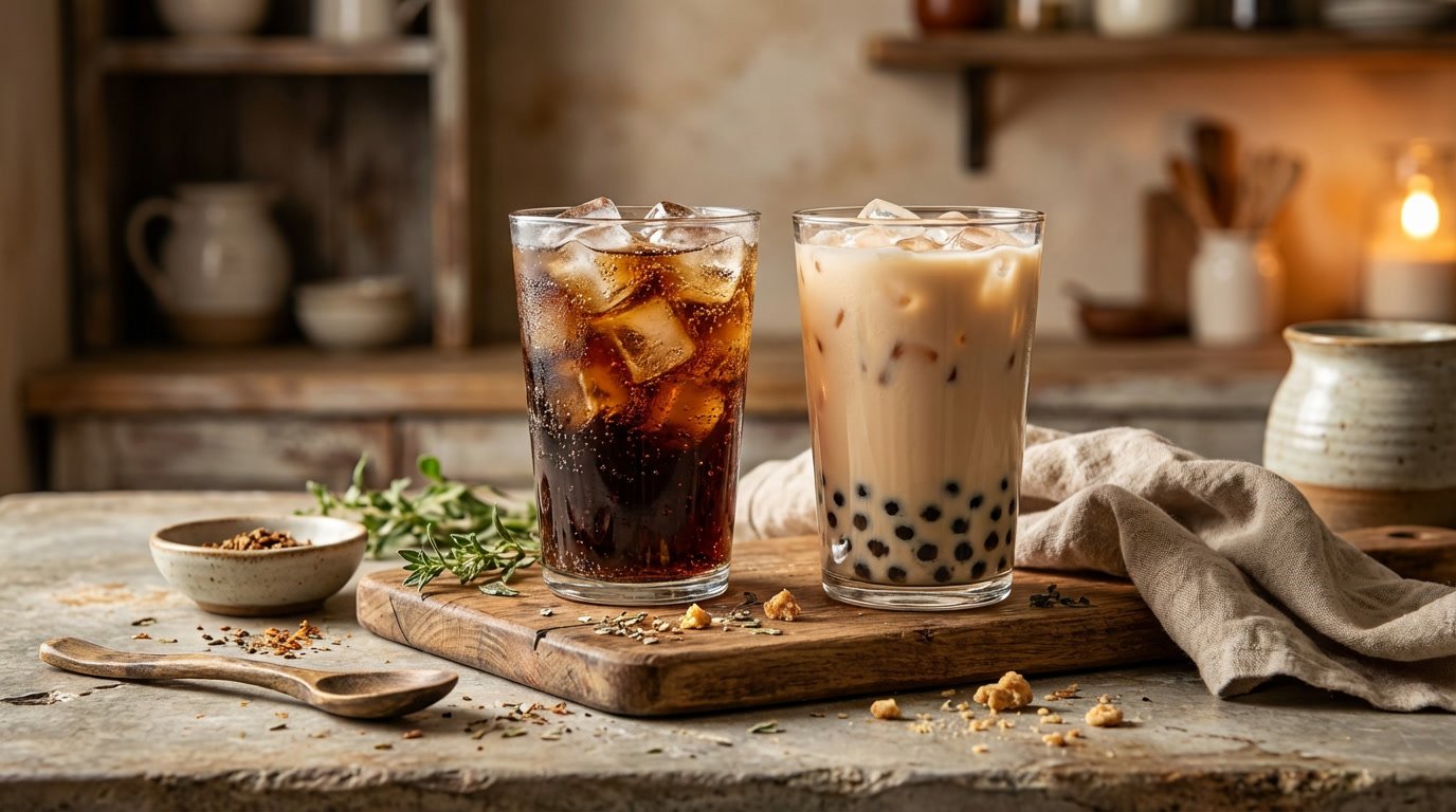 Editorial hero image of iced soda and milk tea with tapioca pearls styled on a rustic kitchen surface.