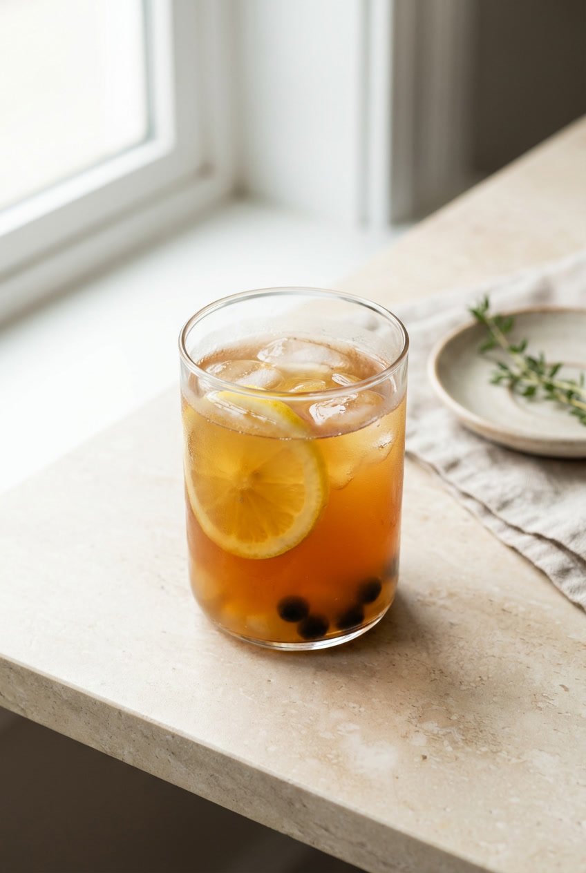 A lighter fruit tea bubble tea with citrus slices and a small amount of tapioca pearls in a clear glass