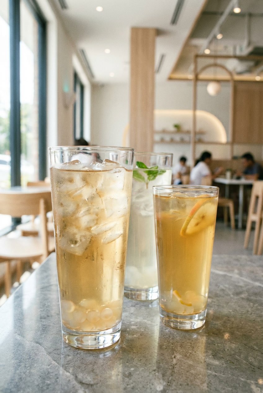 Lighter bubble tea orders with iced tea and fruit tea in a modern cafe