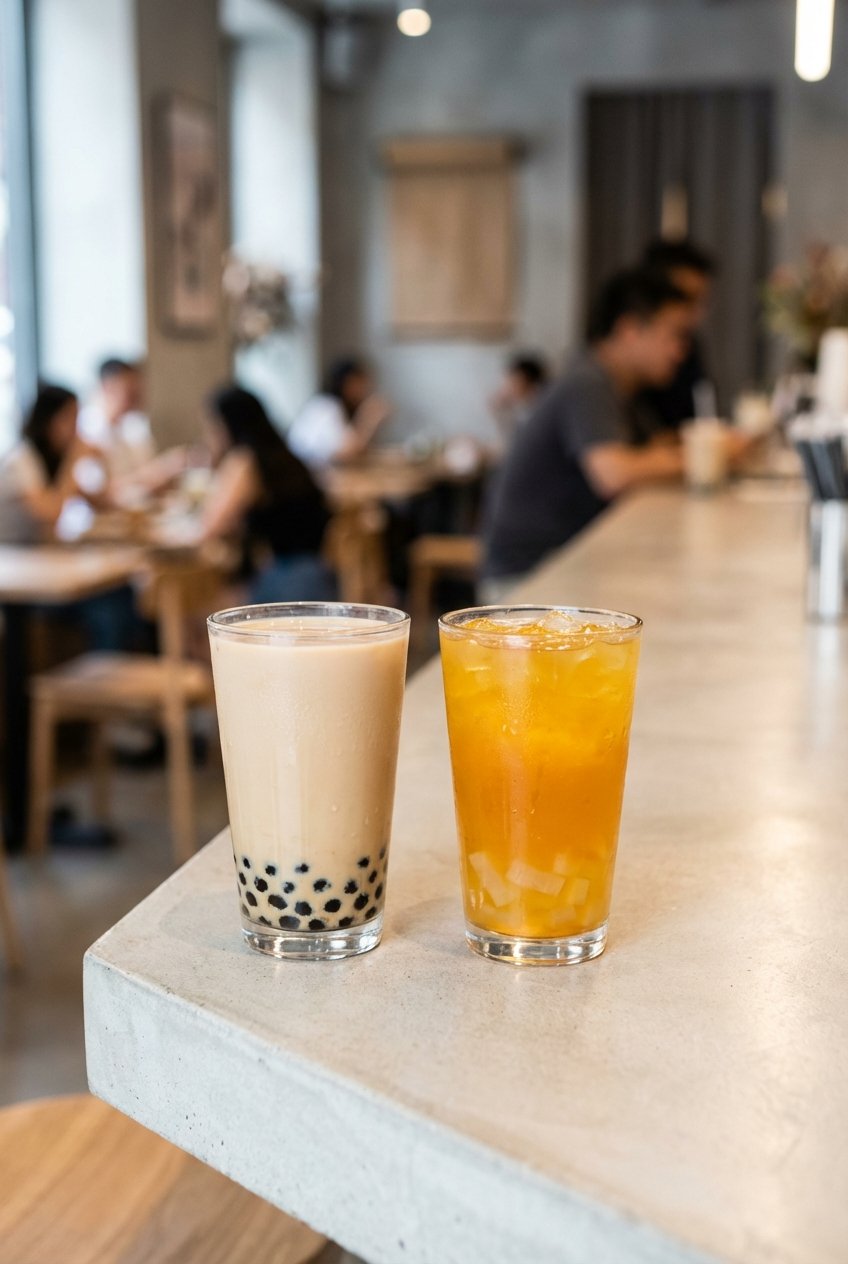 Milk tea and fruit tea bubble tea drinks on a cafe counter in a modern tea shop
