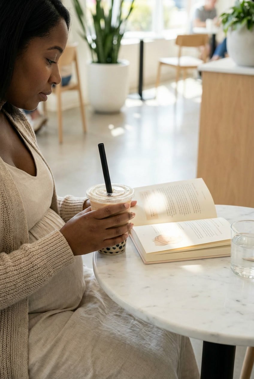 pregnant woman reading at a cafe table with a bubble tea drink