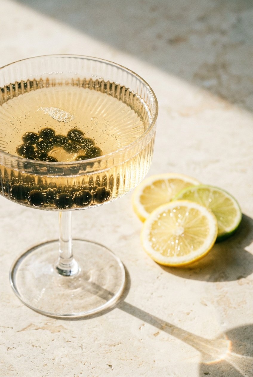Sparkling jasmine boba mocktail in a champagne coupe with citrus slices and black boba pearls