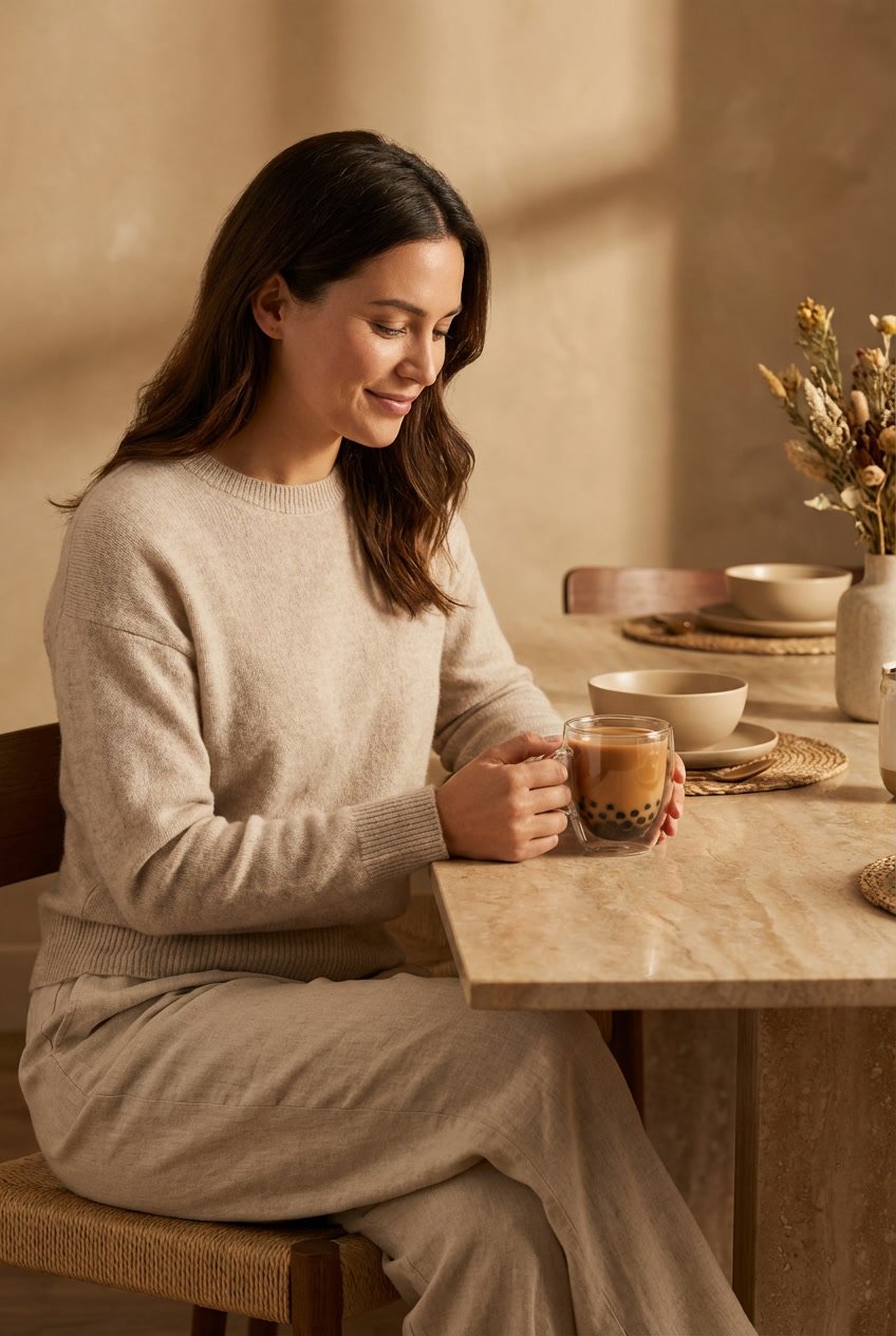 Woman sitting at table holding bubble tea showing balanced and mindful bubble tea choice
