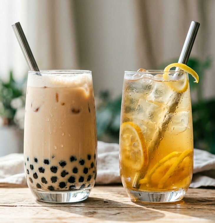 Boba vs bubble tea shown as a classic milk tea with tapioca pearls beside an iced tea