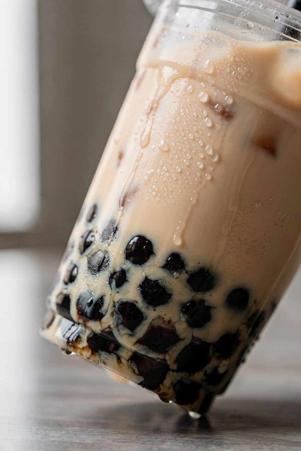 close up of bubble tea cup with tapioca pearls on table