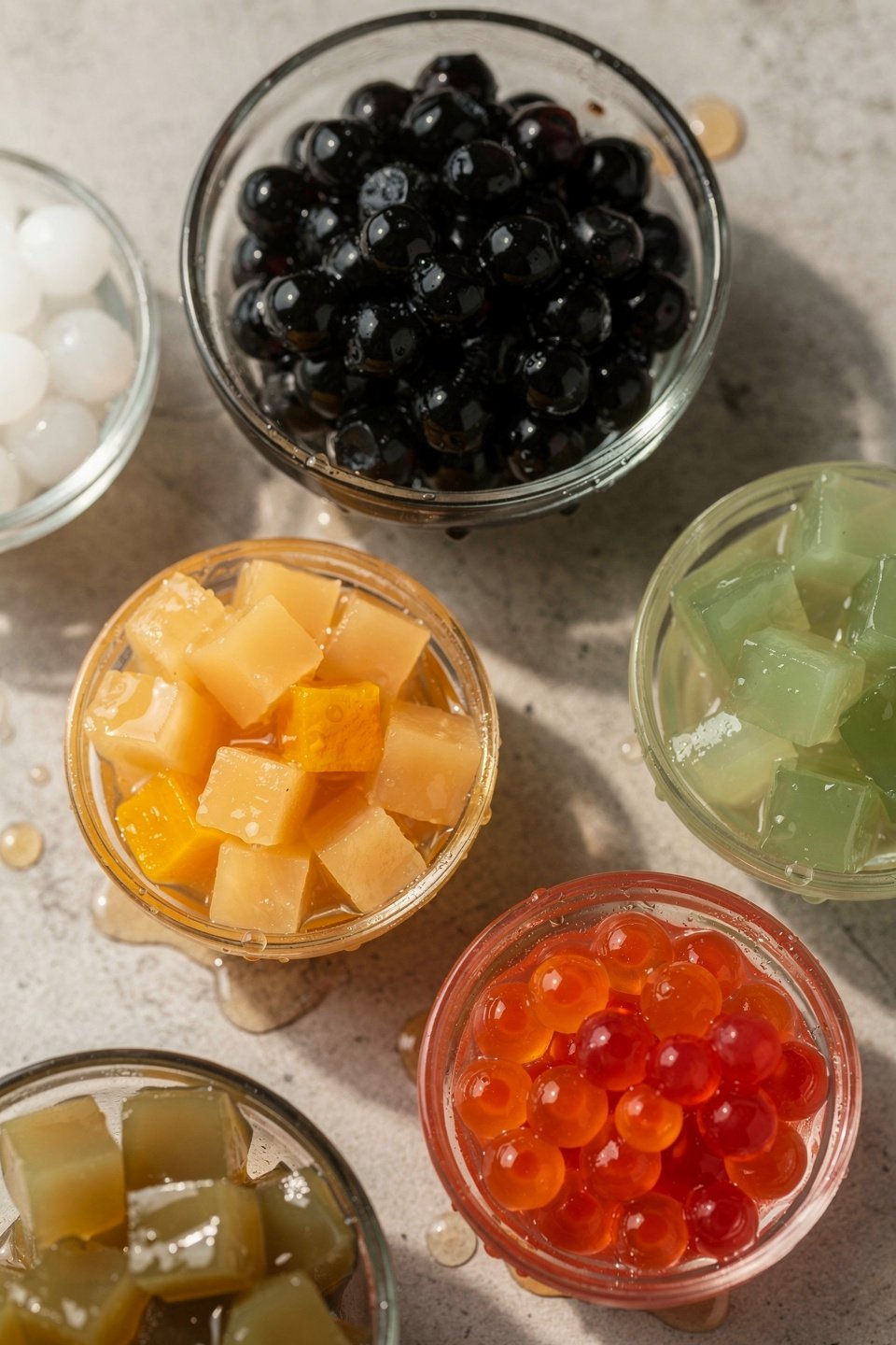 bubble tea toppings including boba pearls jelly aloe and popping boba