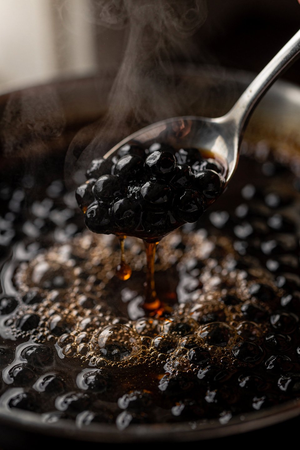cooking black tapioca pearls in syrup for taro milk tea