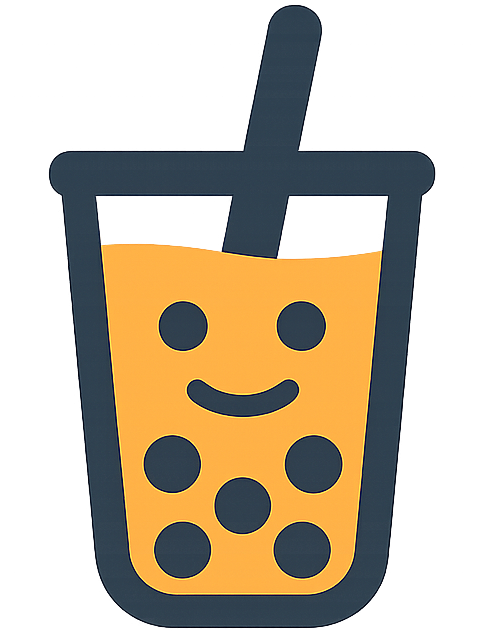 Smiling bubble tea logo with orange tea, dark blue outline, straw, and tapioca pearls on a transparent background.