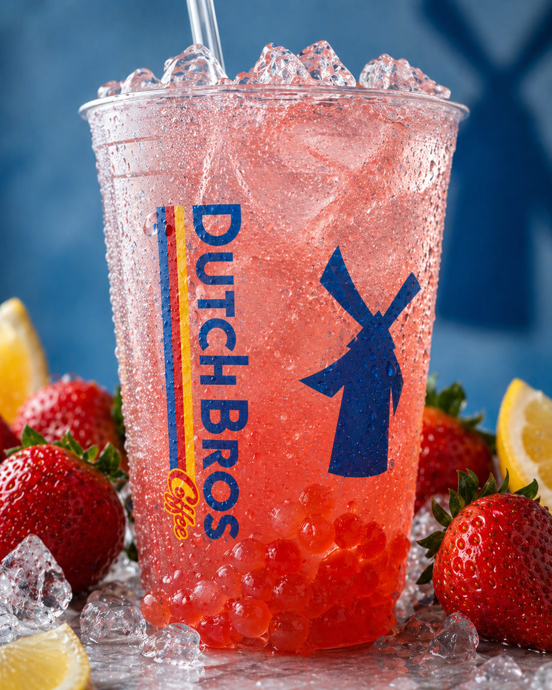 Close-up of a Dutch Bros iced drink with red popping boba pearls, ice, strawberries, and lemon.