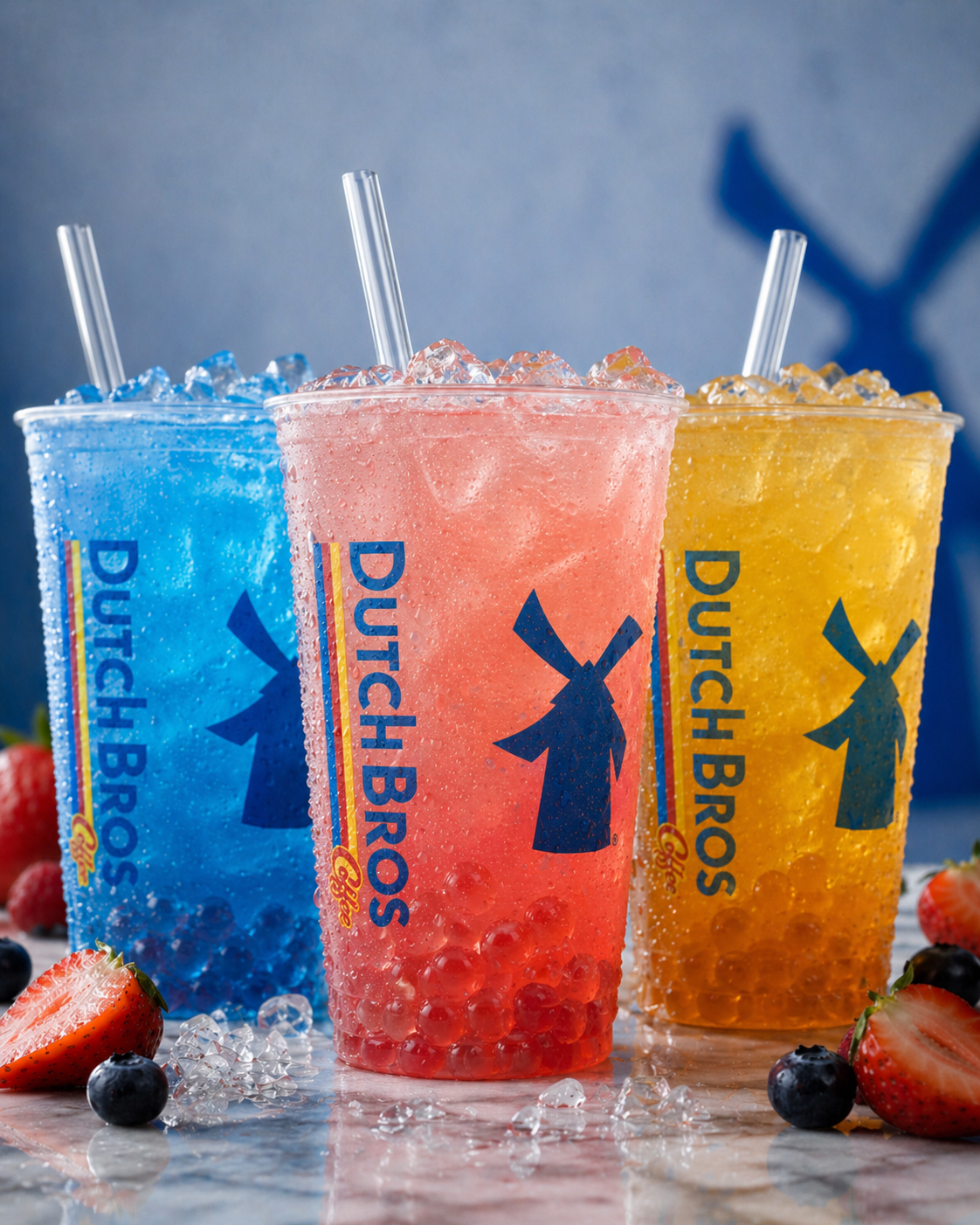 Three Dutch Bros iced drinks with colorful popping boba pearls and fresh fruit accents.