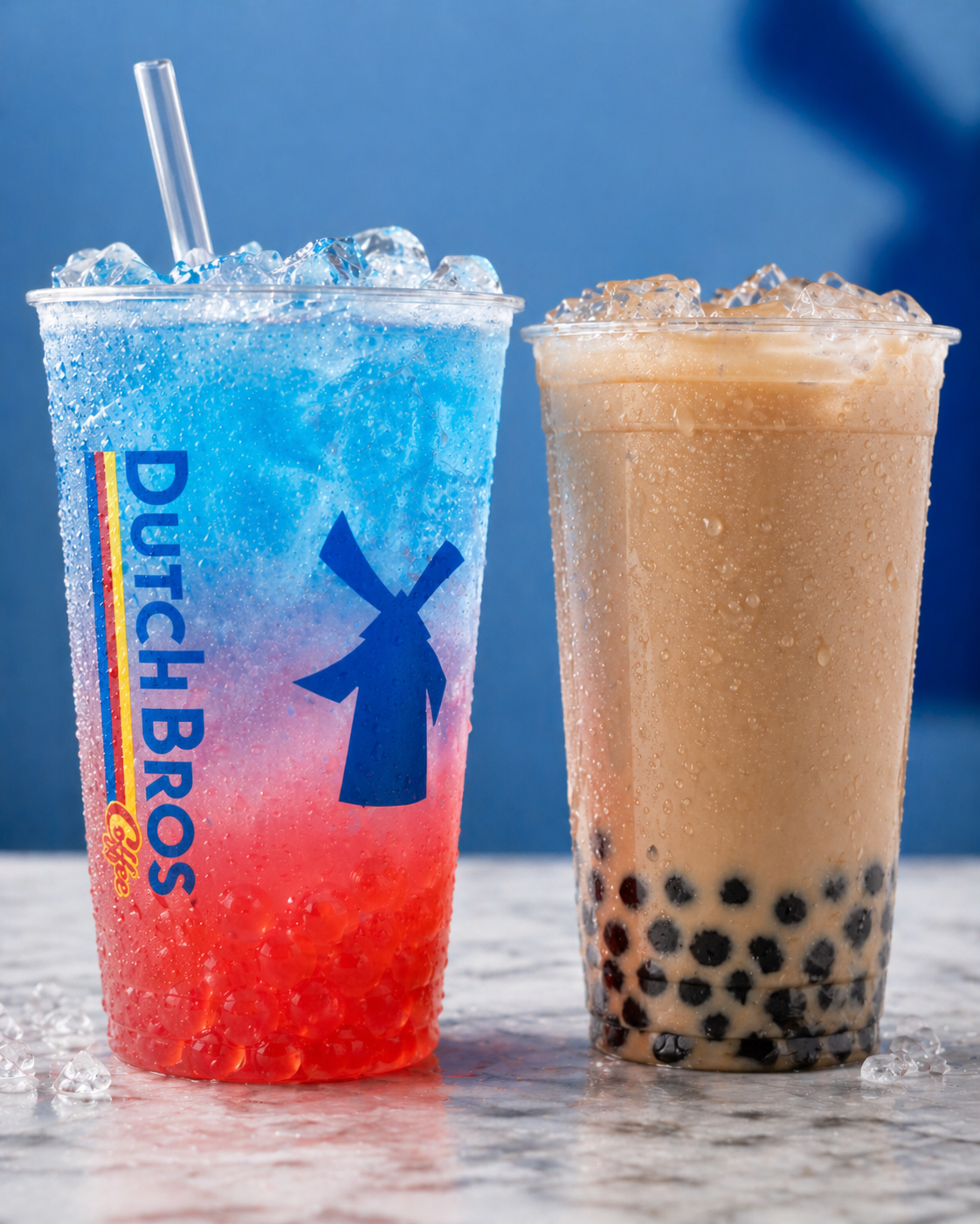 Dutch Bros popping boba drink next to a classic milk tea with chewy tapioca pearls.
