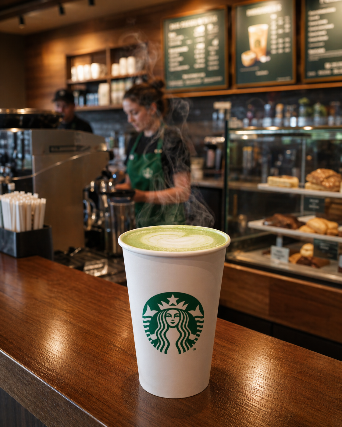 Hot Starbucks Matcha Latte in a white cup on a Starbucks counter